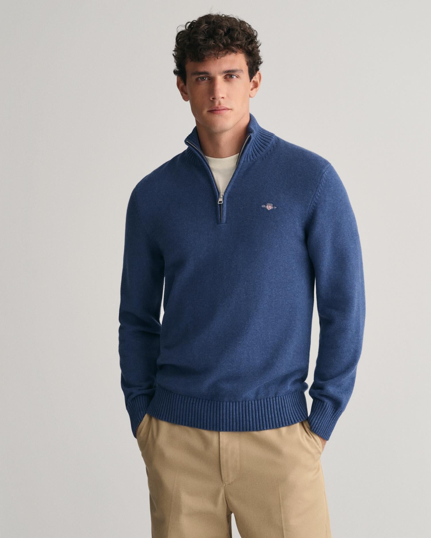 Casual Cotton Half Zip Dk Jeansblue Melange