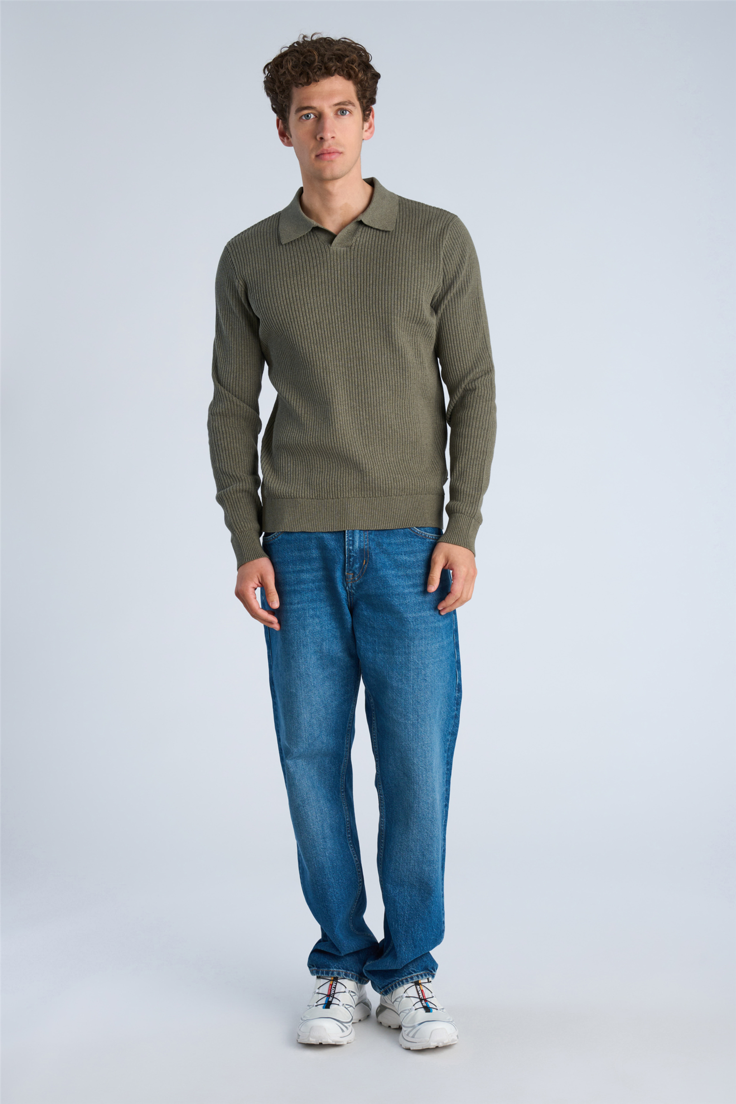 Ribbed L/s V-Neck Polo Army