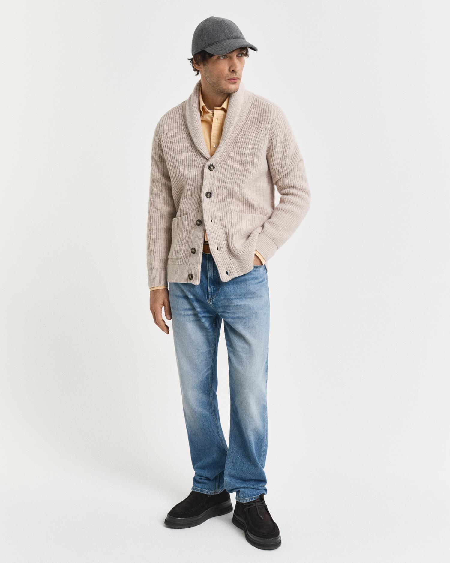 Wool Blend Shawl Collar Cardigan Light Beige Melange