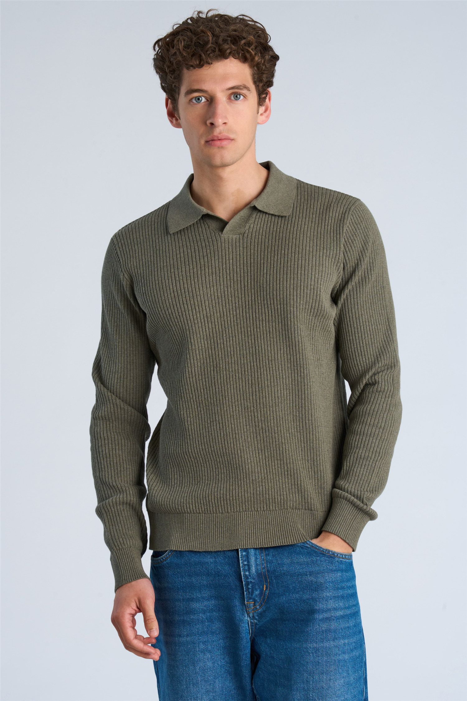 Ribbed L/s V-Neck Polo Army