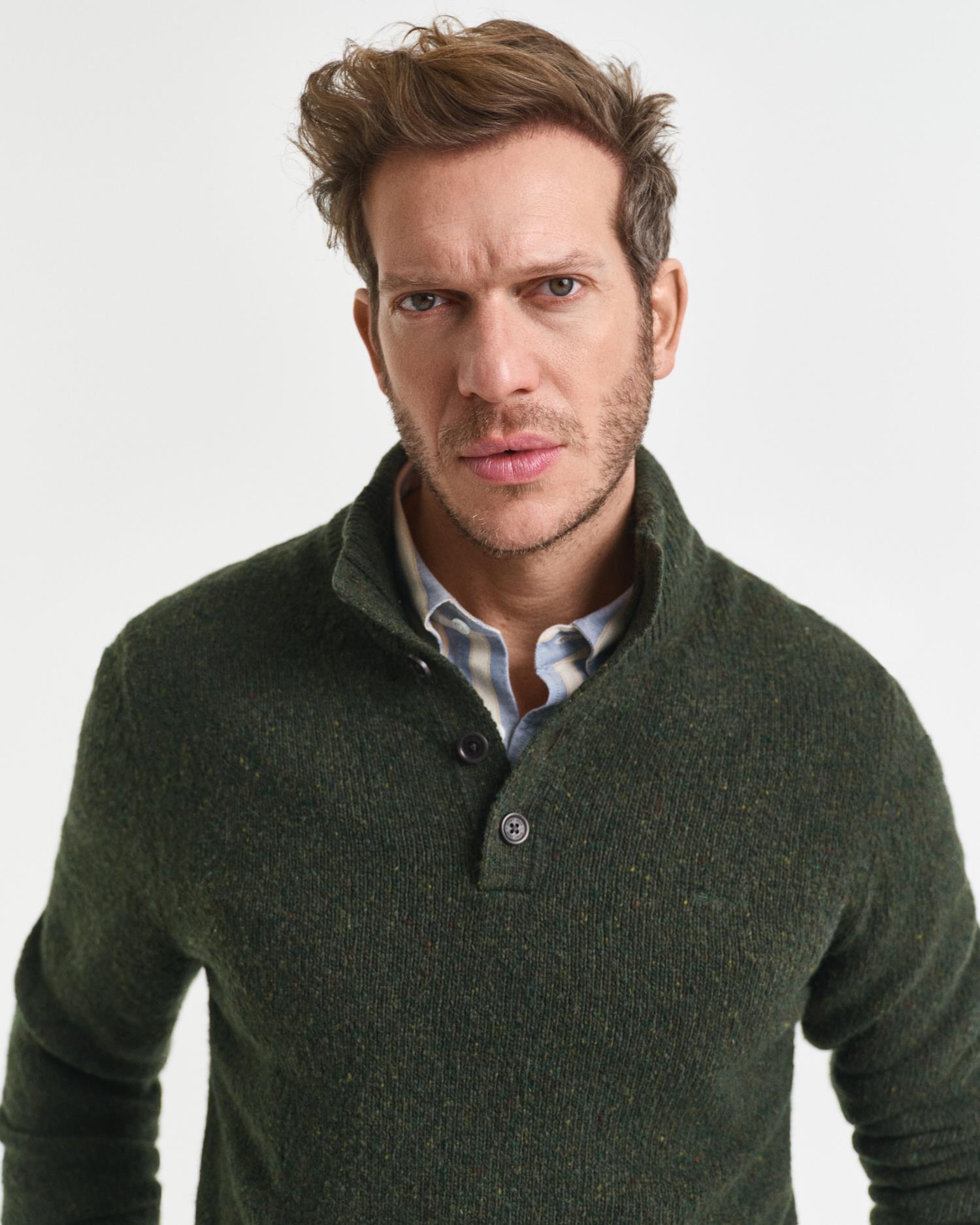 Wool Blend Neps Half Buttoned Country Green