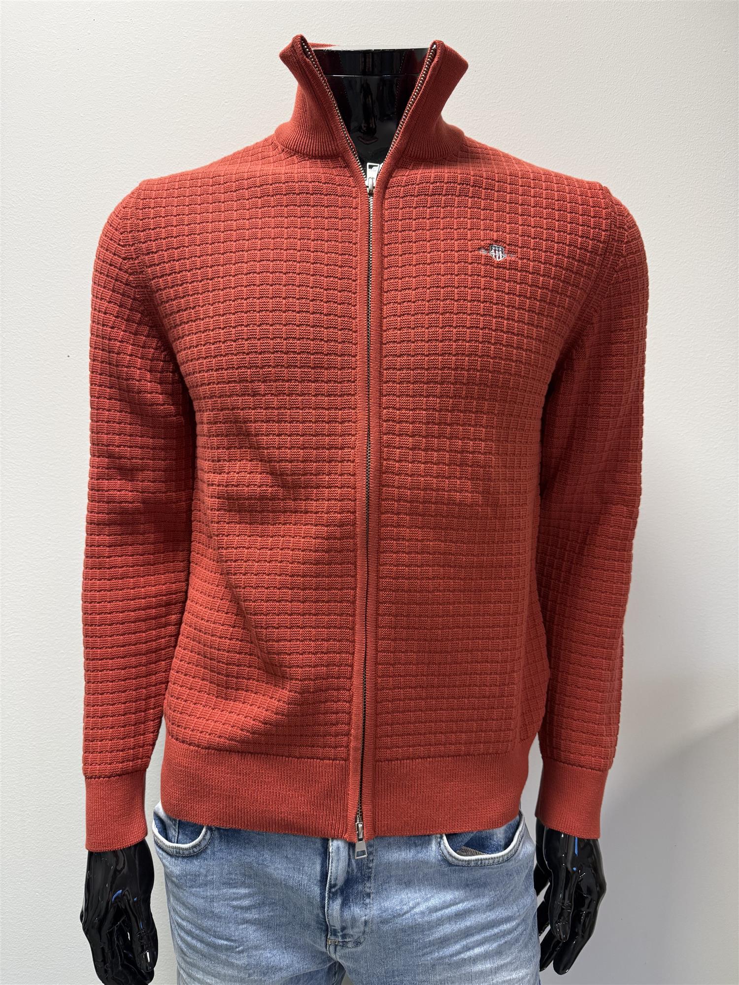 Cotton Textured Zip Cardigan Iron Red