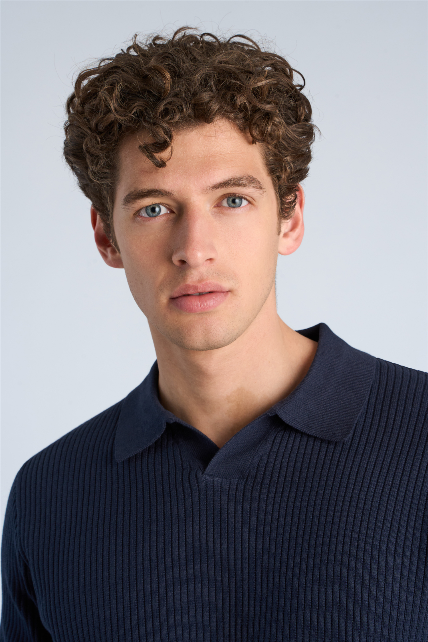 Ribbed L/s V-Neck Polo Navy