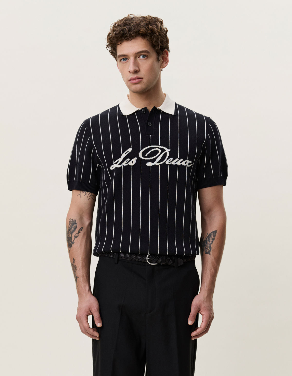 Pinstripe Knitted Polo Black