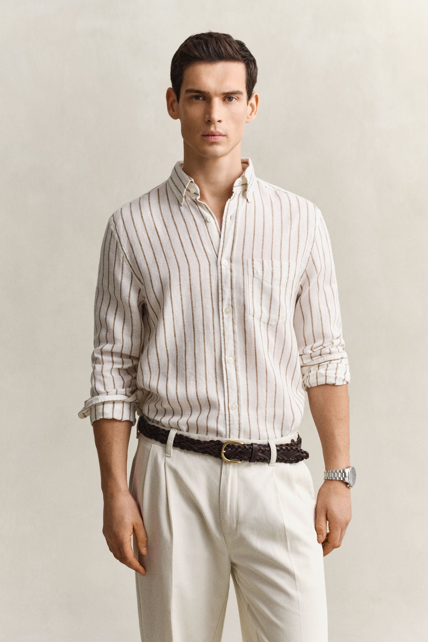 Reg Linen Viscose Stripe Shirt Cream
