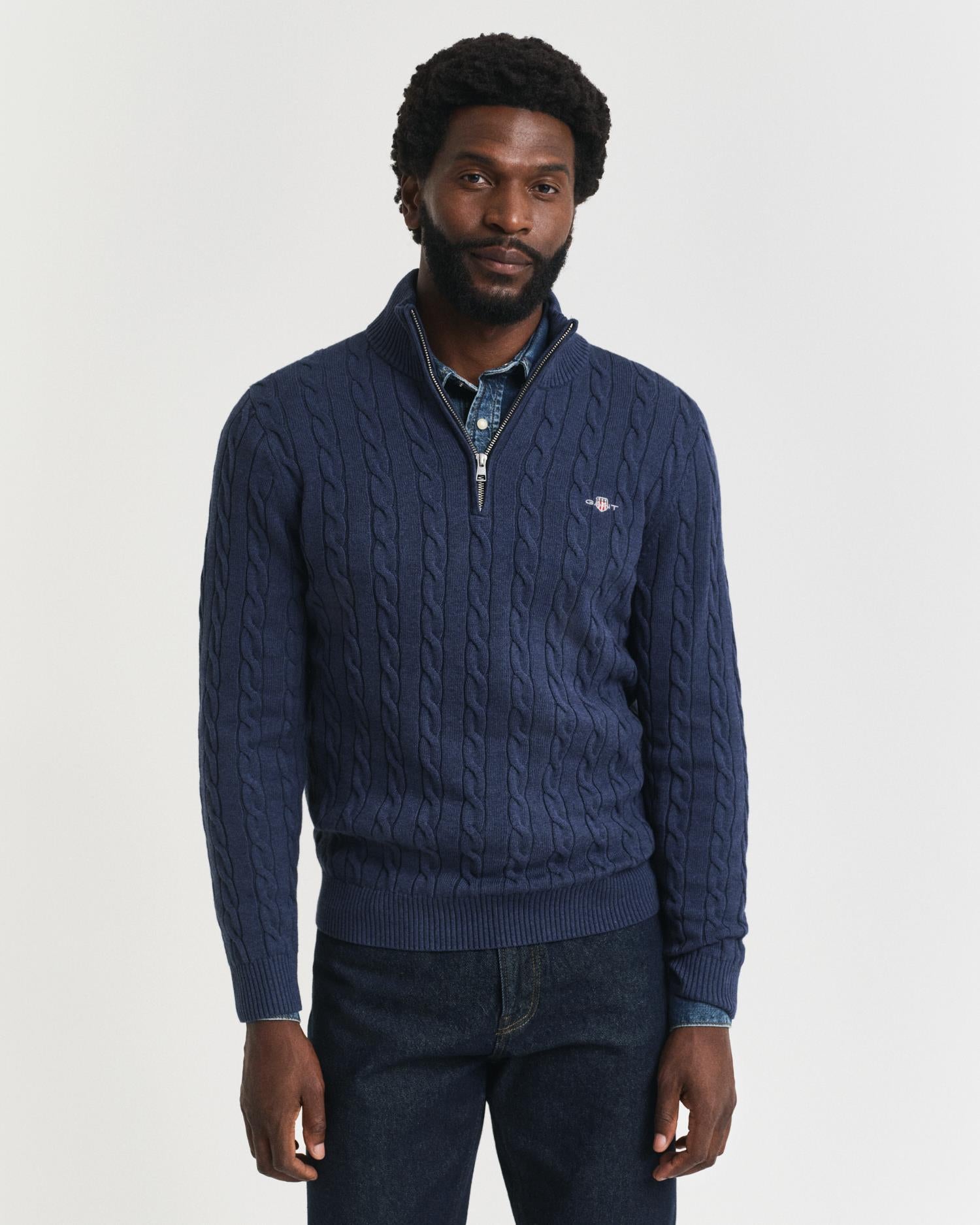Cotton Cable Half Zip Dk Jeansblue Melange