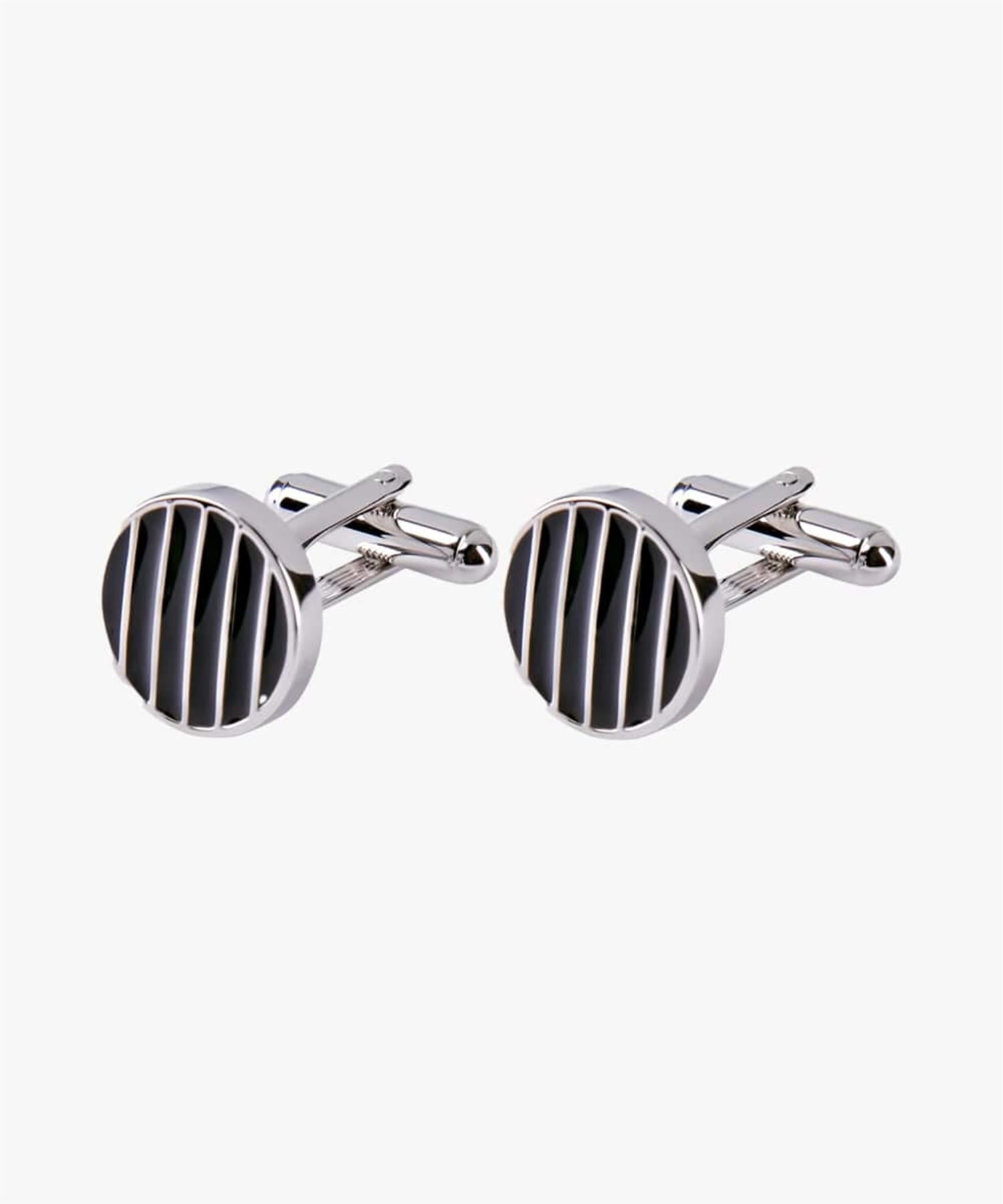 Cufflink Round Striped Black Striped Black