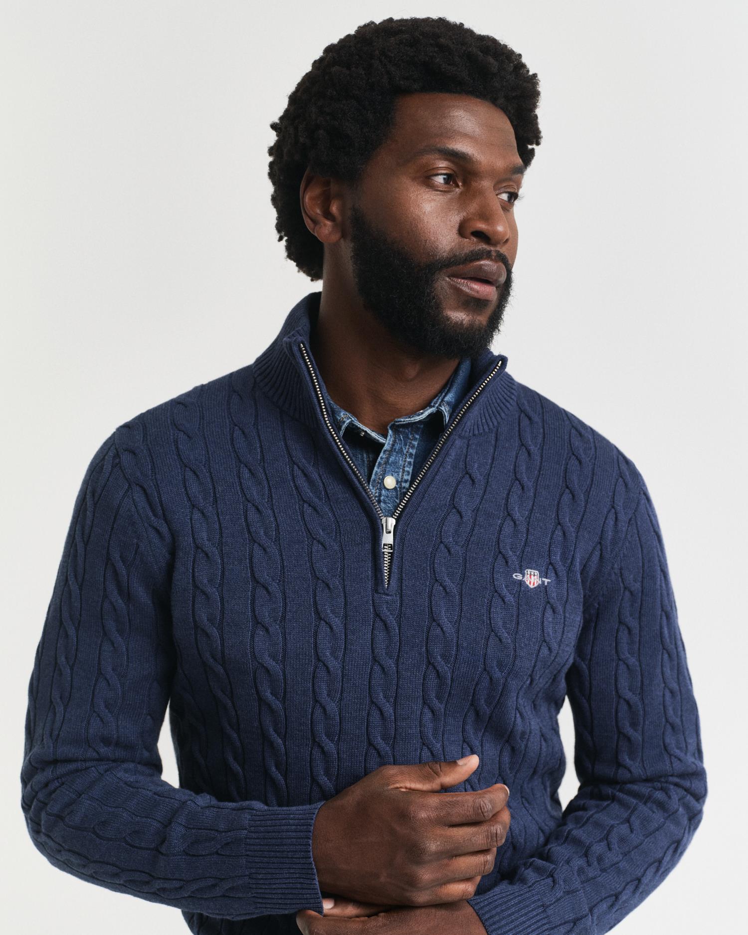 Cotton Cable Half Zip Dk Jeansblue Melange