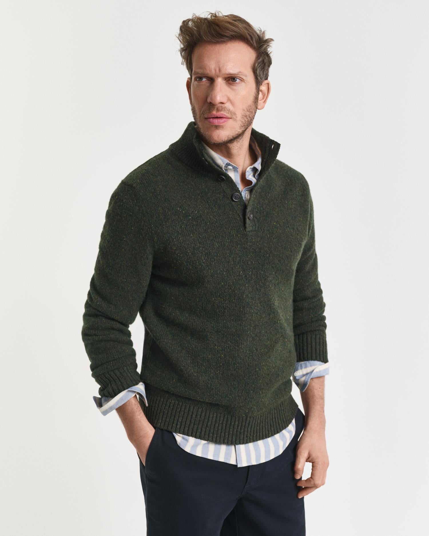 Wool Blend Neps Half Buttoned Country Green