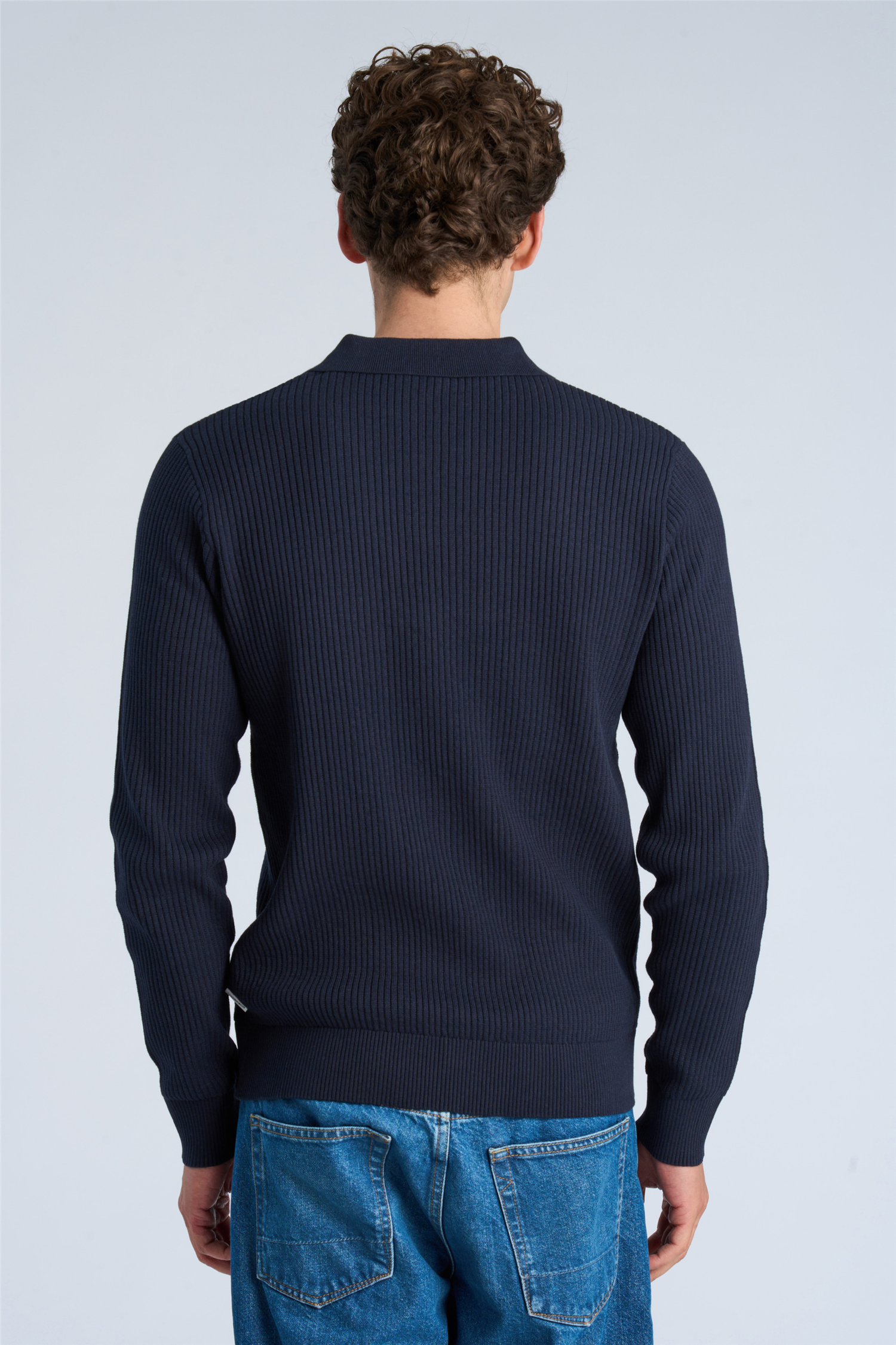 Ribbed L/s V-Neck Polo Navy