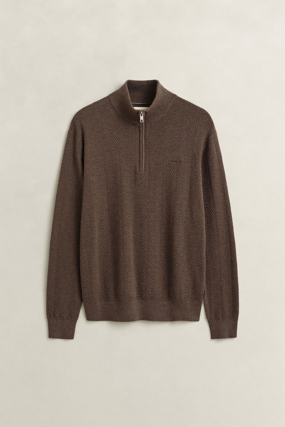 Herringbone Texture Half Zip Brown Melange