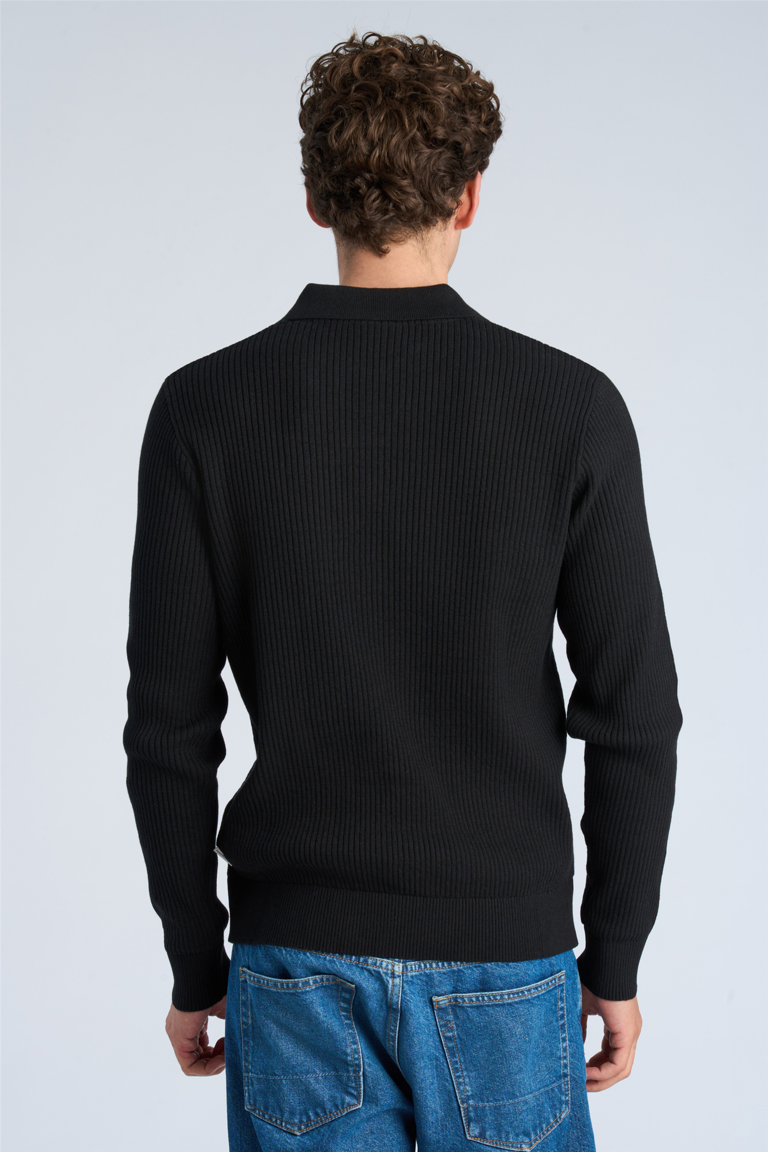 Ribbed L/s V-Neck Polo Black