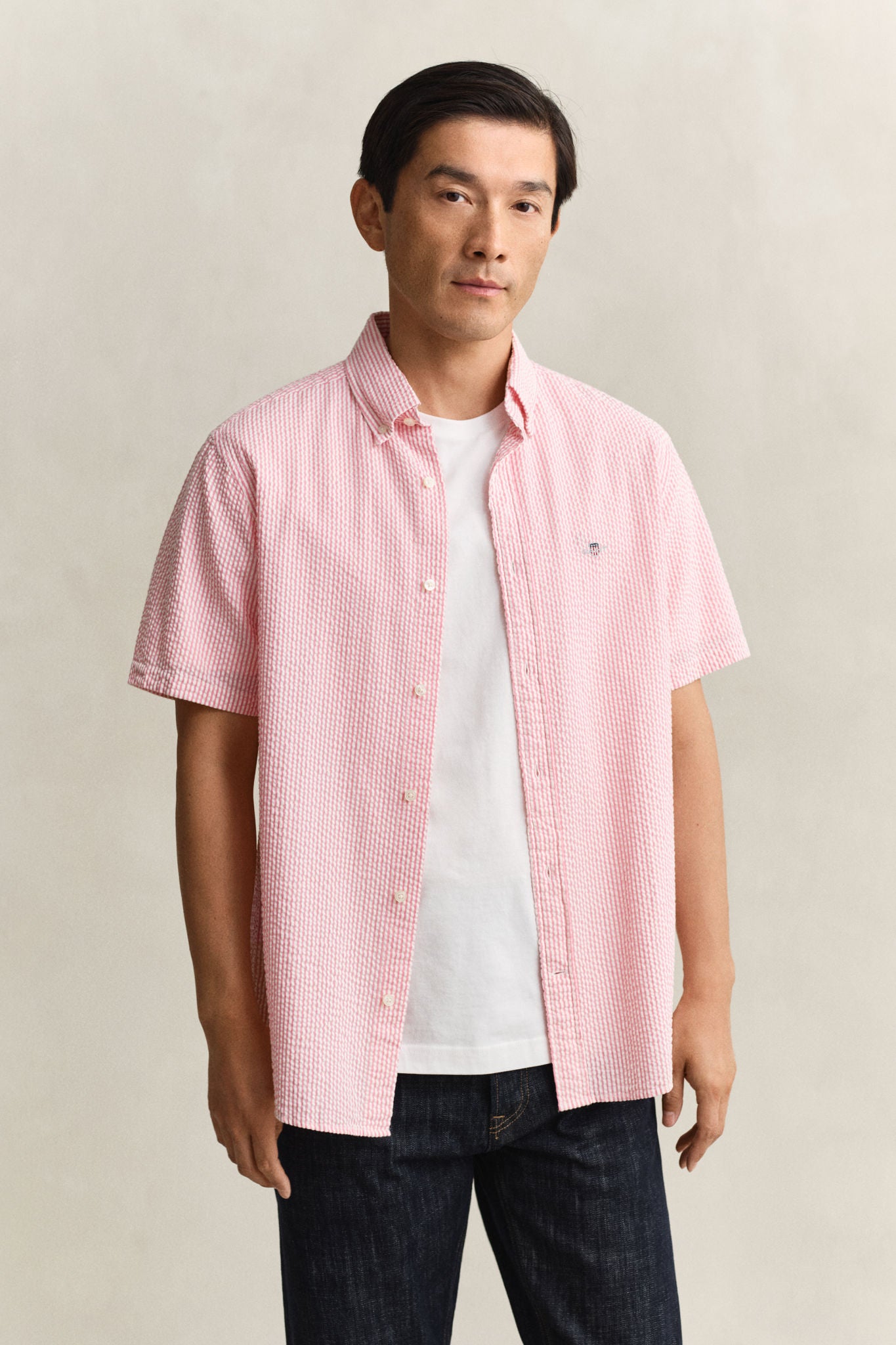 Reg Seersucker Stripe Ss Shirt Rose Pink